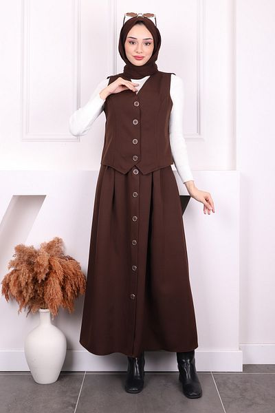 İmajButik Κοστούμι φούστα καφέ γιλέκο