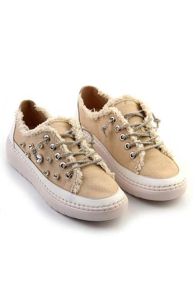 Erkan Saçmacı Valentina Beige Denim Crystal Stone Ασημένιο Sneaker με κορδόνια