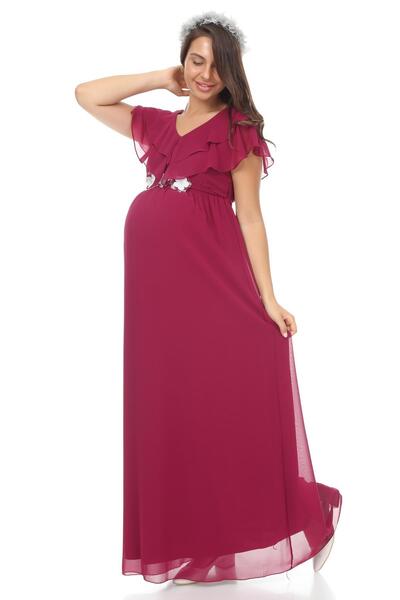 Işşıl 6019-فستان شيفون طويل للحوامل بياقة مطوية وحزام لؤلؤي