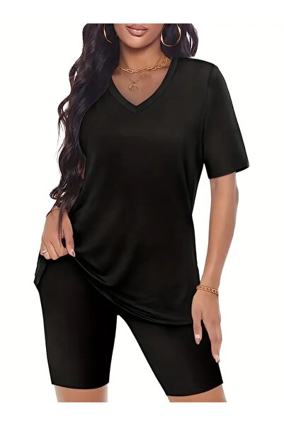 WOODROFFE Tricou negru cu decolteu în V pentru damă, costum de jambiere, cost...