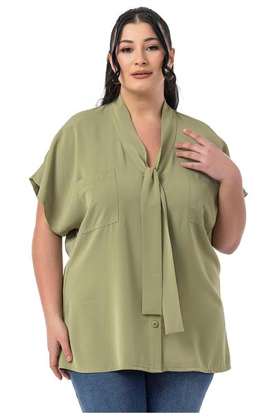DISENTIS MODEST Large Size Tie-Up Collar Detail Low Half Sleeve Pistachio Green Blouse