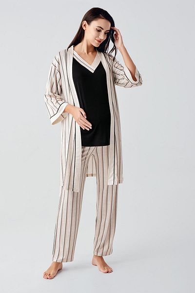 Artış Set de pijamale pentru rochie de maternitate, cu mâneci scurte, cu dungi, cu efect de in