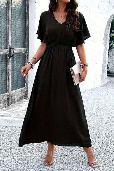 Mossta Black Dress with V-Neck and Elastic Waist