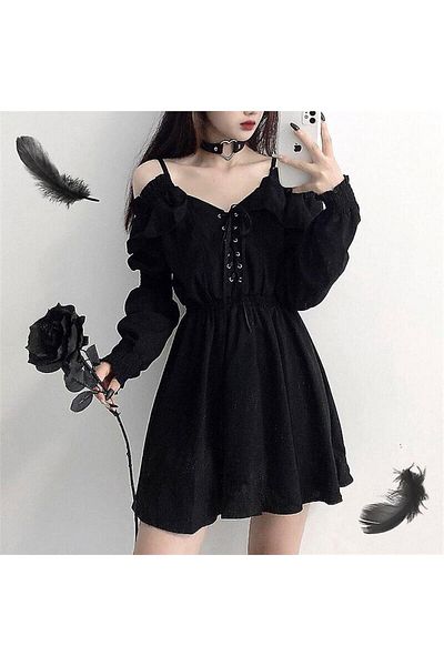 Köstebek Black Eyelet Detailed Shoulder Strap Dress
