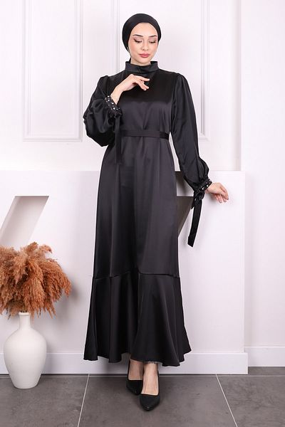 İmajButik Μαύρο σατέν φόρεμα με μανικετόκουμπα με ζώνη στη μέση