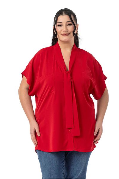 DISENTIS MODEST Large Size Red Blouse with Tie-Up Detail at the Collar and Low Half Sleeves
