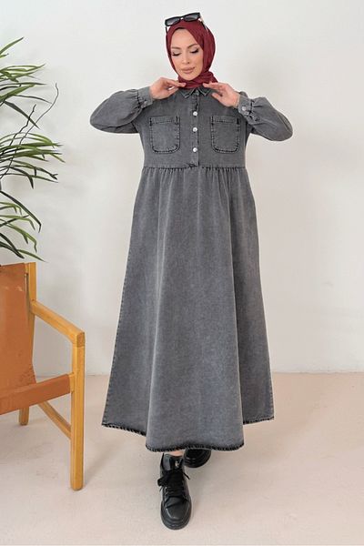 Bestenur Narel πουκάμισο γιακά τζιν φόρεμα 1376 - Anthracite