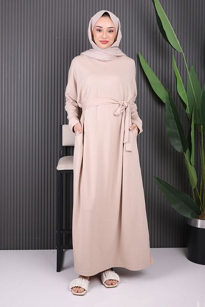 İmajButik Μπεζ φαρδύ φόρεμα με ζώνη με νυχτερίδα