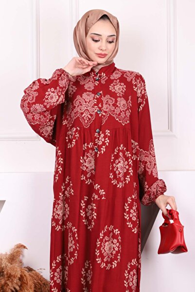 İmajButik Φόρεμα Viscon με μισό κουμπί με μπορντό σχέδιο