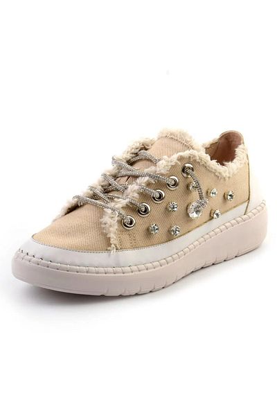Erkan Saçmacı Valentina Beige Denim Crystal Stone Ασημένιο Sneaker με κορδόνια