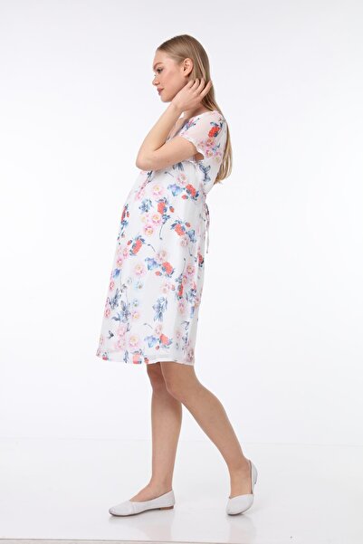 Işşıl Μίνι φόρεμα εγκυμοσύνης με κοντό μανίκι λευκό τριαντάφυλλο με γιακά 4487