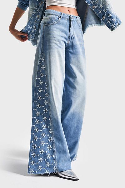 its basic Blugi albaștri Culoare 2S5-75 Blugi din denim 100% bumbac cu broderie florală Palazzo Fit