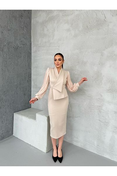 asyadabutik Rochie de nuntă pentru femei, din țesătură scuba importată, cu mâneci plisate, cu nasturi, cu design special, căptușită pentru logodnă