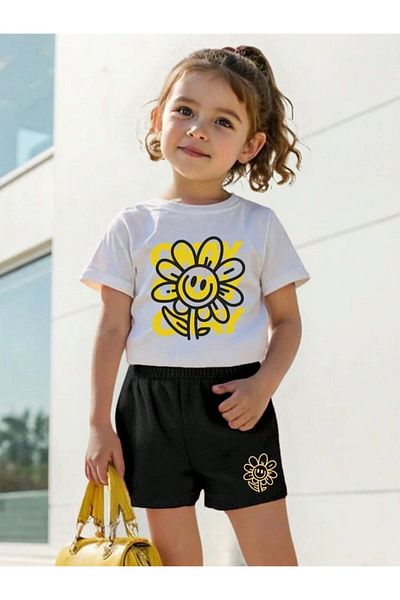 LOUİSA Girl's Daisy Printed T-Shirt-Shorts Set (White-Black)