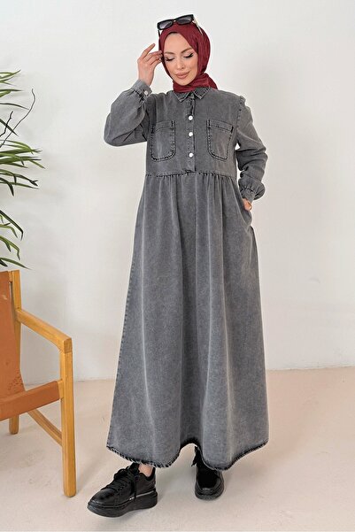 Bestenur Narel Shirt Collar Denim Dress 1376 - Anthracite