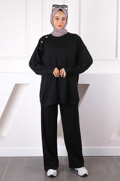 İmajButik Μαύρο κοστούμι με κουμπιά ώμου με παντελόνι τουνίκ