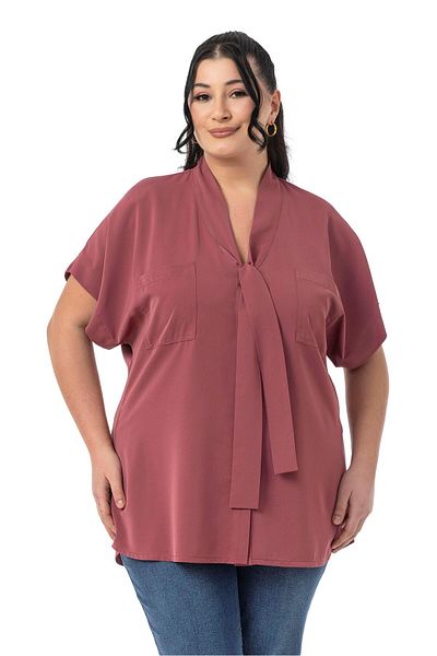 DISENTIS MODEST Μπλούζα Dusty Rose με χαμηλό μισό μανίκι με λεπτομέρεια με κορδόνια στο λαιμό
