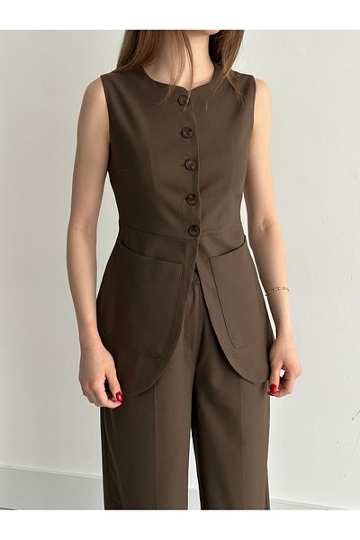 My Blog Brown Buttoned Vest Trousers Suit - 8484