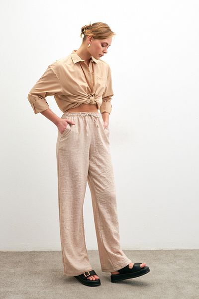 Bipantolon Γυναικείο Παντελόνι Κρεμ Λινό Μικτό Loose Cut