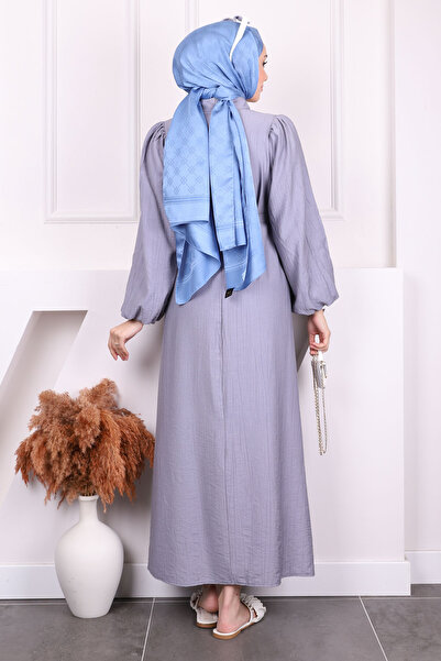 İmajButik Gray Balloon Sleeve Belted Dress