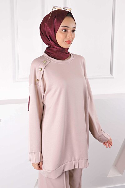 İmajButik Beige Buttoned Shoulder Tunic Trousers Modal Suit