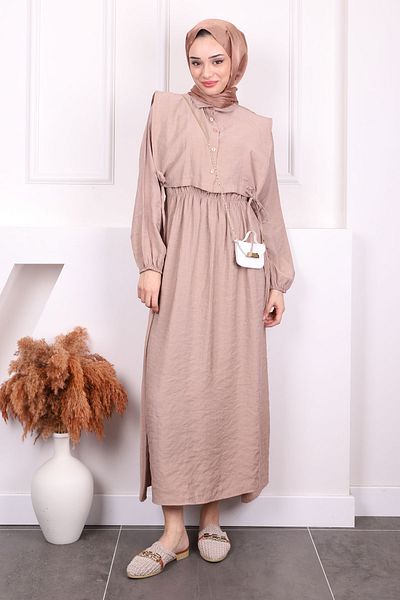 İmajButik Σετ Φόρεμα Γιλέκο Mink