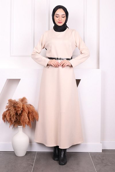 İmajButik Μπεζ φόρεμα κατάδυσης με ζώνη μέσης