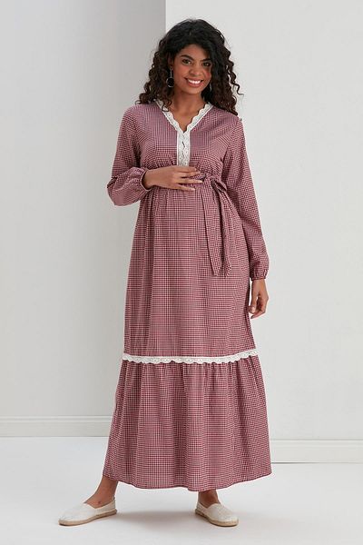 Işşıl M057-mini rochie maxi de maternitate din bumbac cu dantela patrata