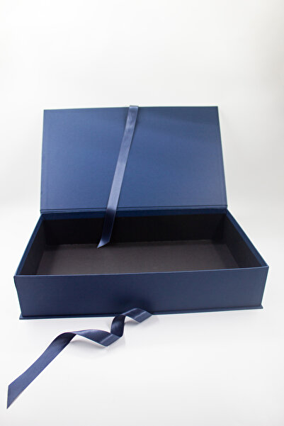 carton box Lacivert Kurdela Detaylı Büyük Hediye / Çeyiz Kutusu | 49,5x28x9,5 Cm | Sert Karton Kutusu