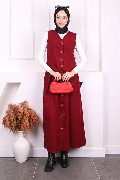 İmajButik Burgundy Vest Skirt Suit