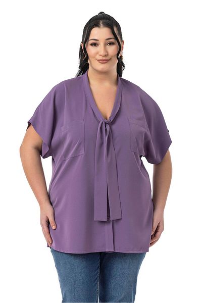 DISENTIS MODEST Large Size Purple Blouse with Tie-Up Detail at the Neckline and Low Half Sleeves