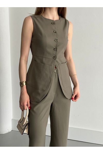 My Blog Khaki Buttoned Vest Trousers Suit - 8484