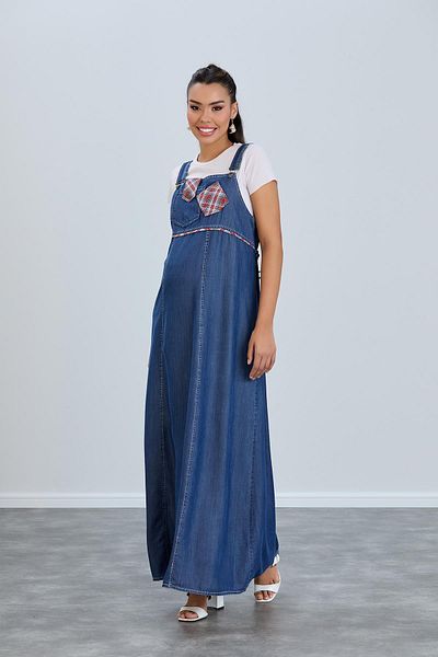 Işşıl 443-rochie maxi de grădinar de maternitate din lyocell cu aplicații în carouri