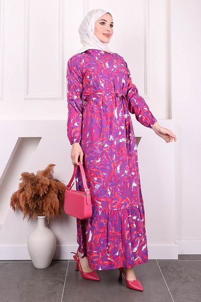İmajButik Φόρεμα Viscon με μωβ μοτίβο φούστα