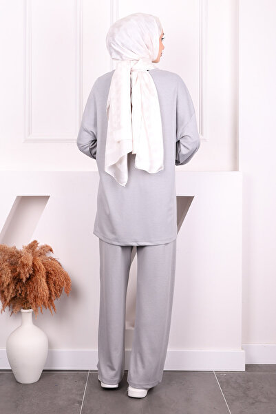 İmajButik Gray Stone Embroidered Modal Tunic Pants Suit