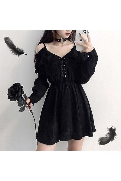 Köstebek Black Eyelet Detailed Shoulder Strap Dress