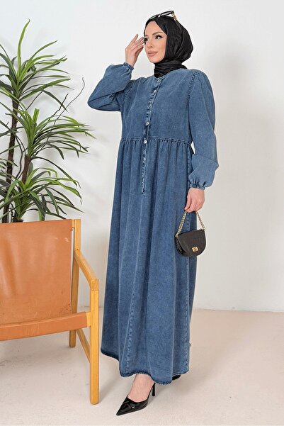 Bestenur Τζιν φόρεμα με κουμπιά Anther 1389 - Μπλε