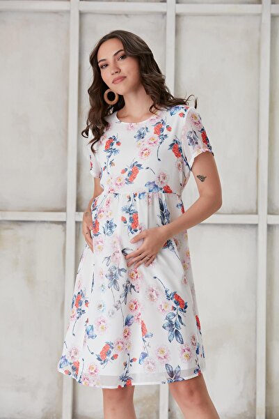 Işşıl 4517-Spring Floral Maternity Mini Chiffon Dress