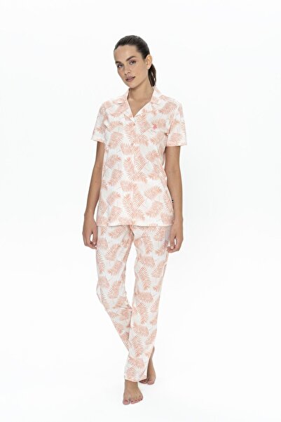 U.S. Polo Assn. Πόλο Ασν. (U.S. Polo Assn.) 20087 Γυναικείο σετ πιτζάμες με κοντό μανίκι σομόν με πατλάκια στο κάτω μέρος