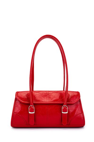 minebag Faux Leather Baguette Double Buckle Liars Red Women's Shoulder Bag