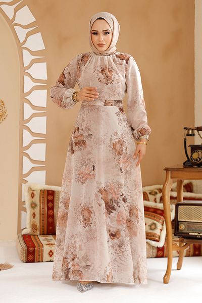 Neva Style Floral Patterned Beige Hijab Dress 27967Bej