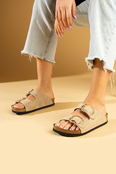 Pembe Potin Orthopedic Beige Slippers - Unisex, Double Banded, Buckle, Daily Comfortable Home & Outdoor Slippers