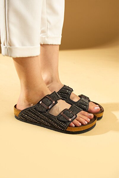 Pembe Potin Black Double Buckle Studded Anatomical Women's Slippers Sandals - Comfortable Sole