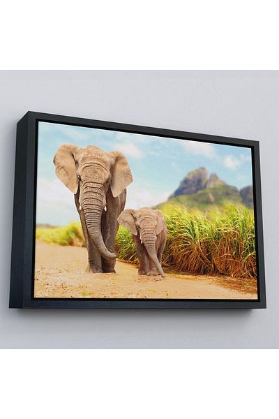 Harita Sepeti Pictură decorativă pe pânză elefant și cățeluș cu cadru auriu