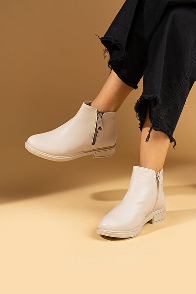 Pembe Potin Kadın Krem Poli Taban Fermuarlı Günlük Rahat Kalıp İçi Sıcak Astarlı Bot