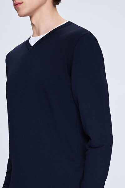 Hatemoğlu Синій Regular Fit V-подібний комір, кашеміровий светр