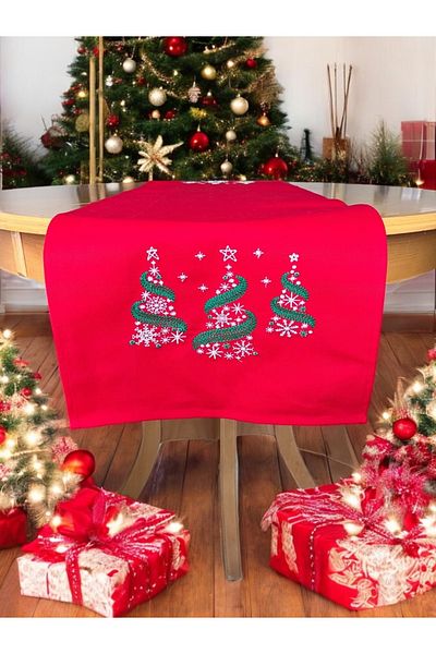 Atölye No 35 Weihnachtlicher Tischläufer Rot mit Tannenbaum-Stickerei 35x120, Weihnachtsdeko
