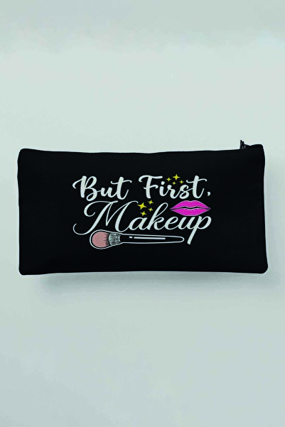 qoeuyl boutique Dar First Makeup Printed Pânză Neagră Geantă de machiaj Suport stilou Portofel