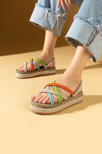 Pembe Potin Women's Multi Multi Colored Straw Comfortable Sole Daily Rope String Sandals