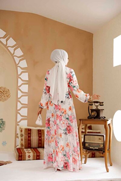 Neva Style Λευκό ροζ μουσουλμανικό φόρεμα με λουλούδια 27962BP